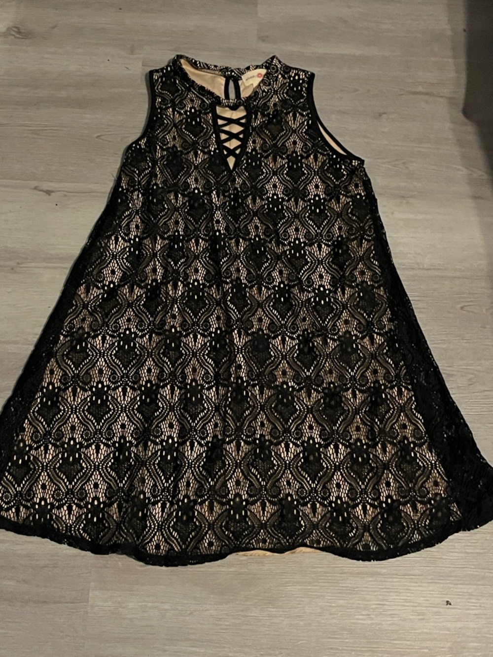 Sleeveless Black Lace Overlay A-Line Dress with Nude Lining